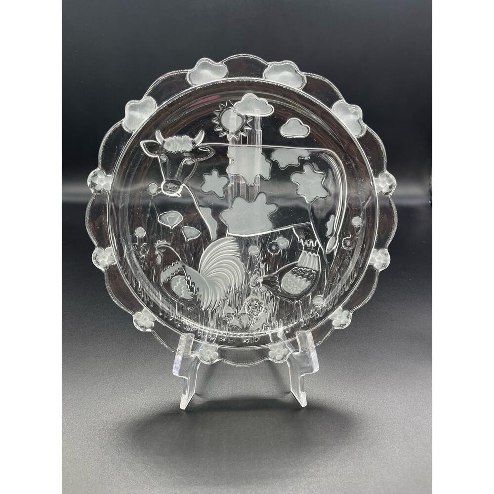 Farm Cow Chicken Rooster Etched Glass Plate  9" - Picture 2 of 4